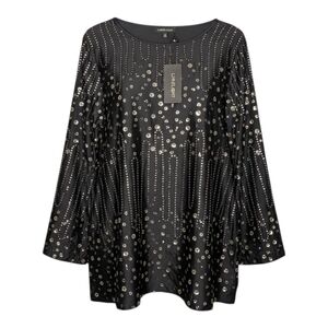 Limelight Black Silver Sequin Studded Tunic Shimmer Boho Flare Sleeve Blouse Top